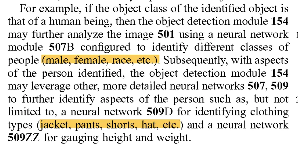 Excerpt from Flock's patent describing a neural network that identifies classes of people (male, female, race) and clothing types